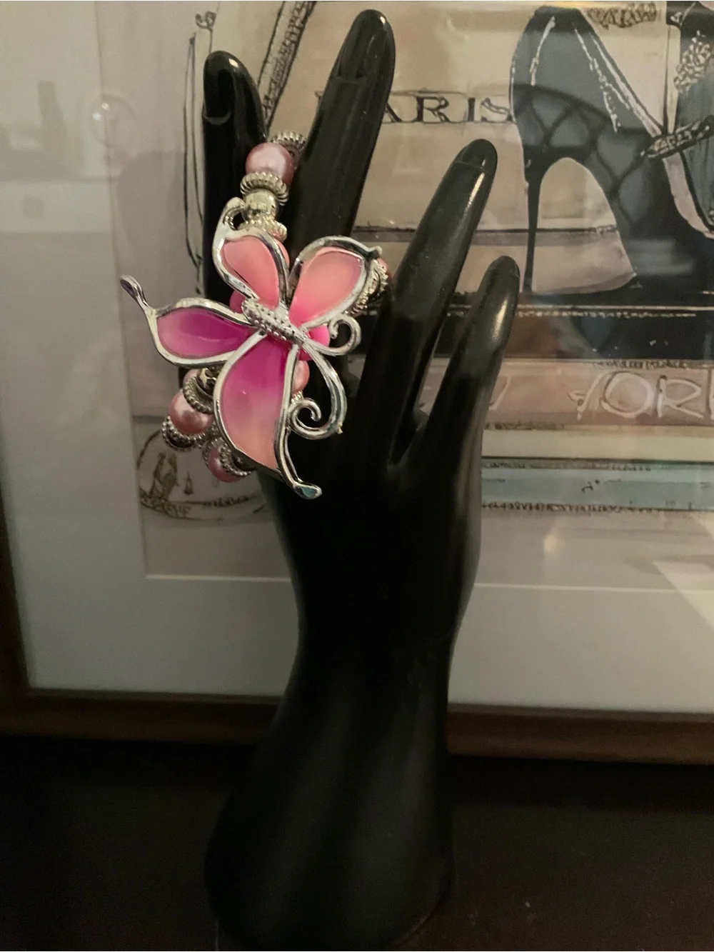 Pink Butterfly Beaded Stretch Bracelet. Double Strand Bracelet. NWOT.